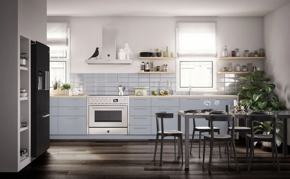 Helle Küche in babyblauer Opik